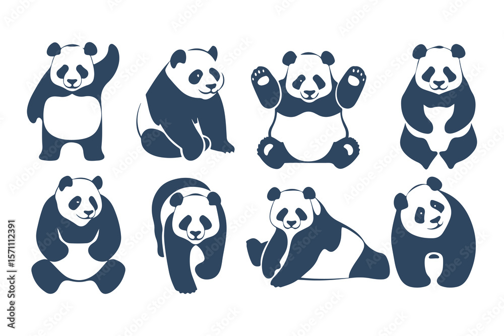 Obraz premium Set of Cute Stylized Panda Bear Illustrations in Various Poses. Vector Animal Design Elements for Logos, Mascots, and Wildlife Concepts