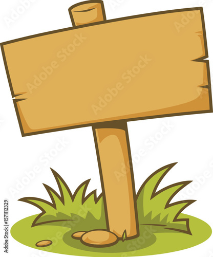 A cartoon illustration of a blank wooden signpost with grass and stones at the base on white background