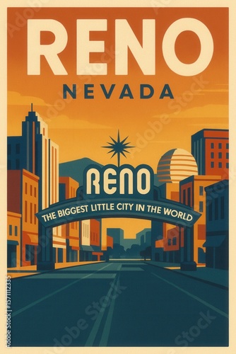Reno Nevada urban street scene features the iconic 'Biggest Little City in the World' arch sign surrounded by colorful retro buildings and a golden sunset sky