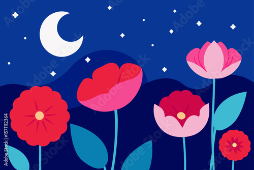 A Whimsical Evening Garden Scene With Vibrant Pink