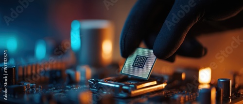 The Hand Installing a Microchip on a Modern Circuit Board