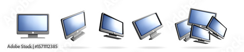 3d computer monitor set in various positions on white background. Digital display for technology and internet concept.