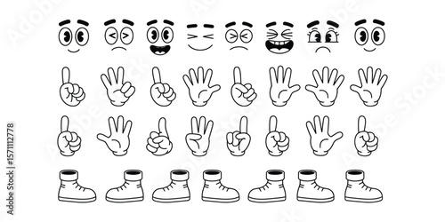 Set of cartoon face expressions, hand gestures, and footwear angles in colorful vector style for character creation and emotive illustration