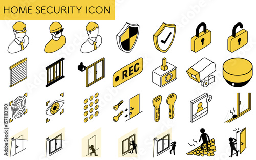 Isometric illustration of a black-and-white icon of crime prevention and home security