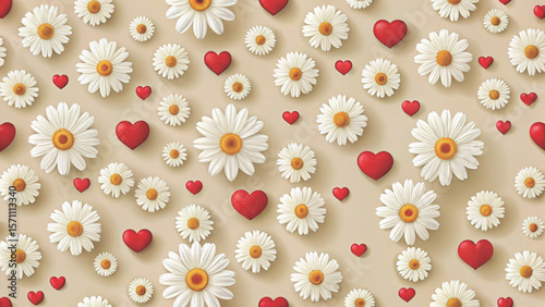 Seamless vector of tiny daisies mixed with small hearts vector background