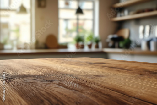 Wooden table on blurred kitchen bench background. Empty wooden table and blurred kitchen background