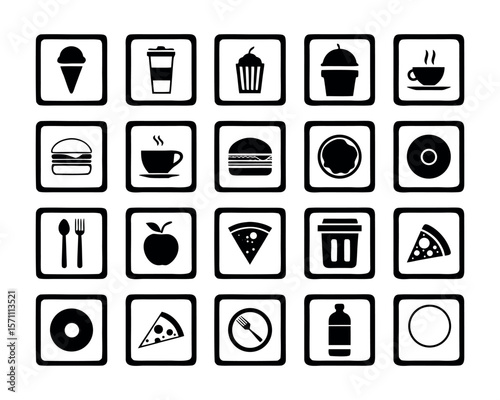 Food and Drink Icon sets with Burger, Coffee, Pizza, and Kitchen Items on White Background