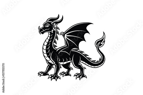 Detailed Dragon Standing with Wings Spread Silhouette