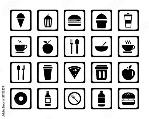 Food and Drink Icon sets with Burger, Coffee, Pizza, and Kitchen Items on White Background