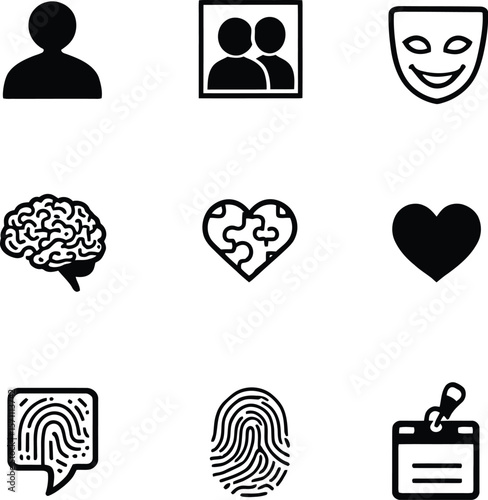 Emotional Identity — 3x3 Grid of Conceptual Icons Representing Personality, Connection, and Recognition