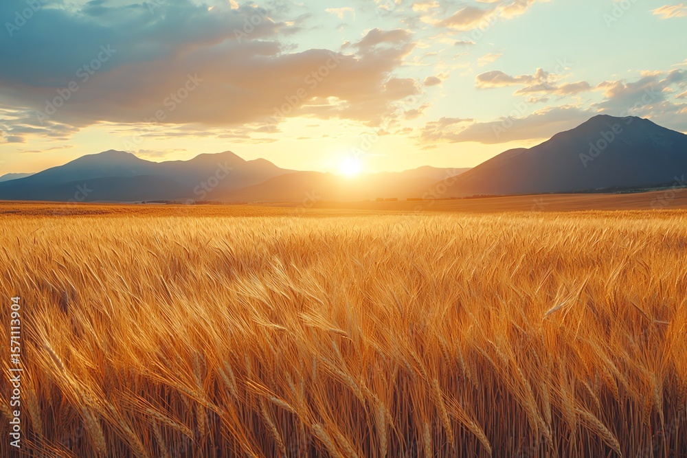 Obraz premium Golden Wheat Field at Sunset with Mountain Backdrop