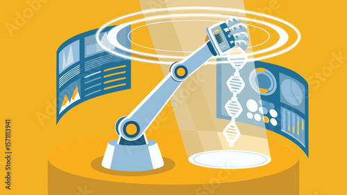 Robotic arm manipulating dna strands with data screens in a modern laboratory setting shown here now