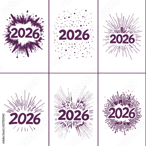 Radiant New Year — Grid of “2026” Typography Surrounded by Diverse Firework Bursts and Spark Patterns