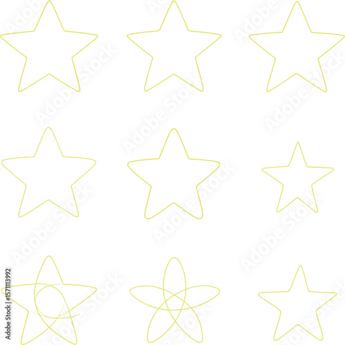 Star Variations — 3x3 Grid of Stylized Yellow Star Icons Featuring Diverse Shapes and Structures