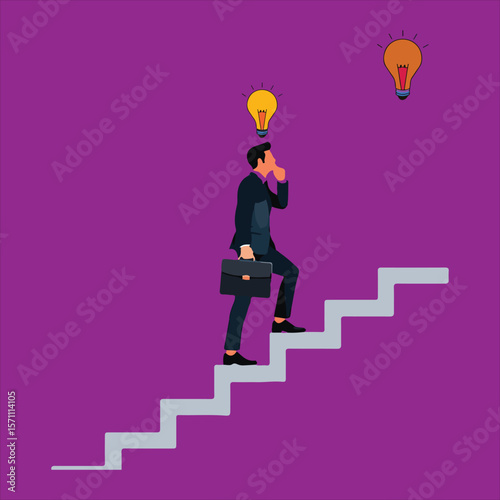 Man climbing stairs with lightbulbs symbolizing ideas businessman suit