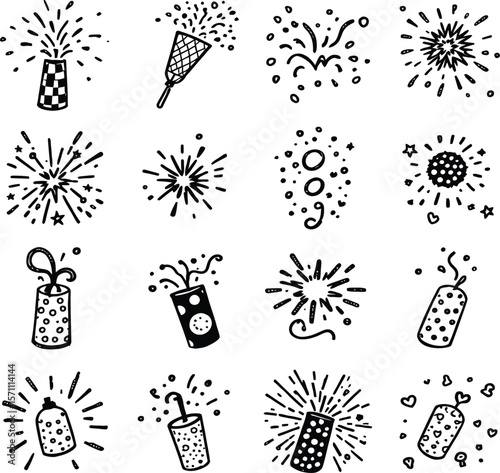 Party Bursts — Seamless Icons of Firework Poppers with Stars, Dots, and Radiant Explosions in 4x4 Grid