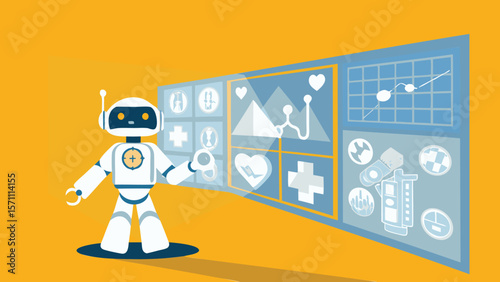 Robot interacting with a medical interface displaying health data and diagnostic information shown here