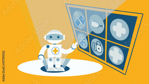 Medical robot interacting with a digital screen displaying medical icons on a yellow background scene
