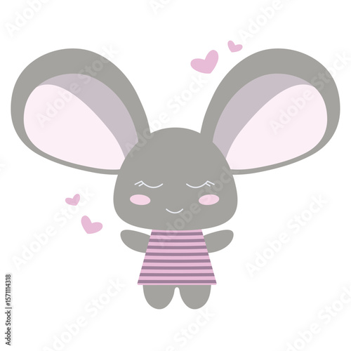 Cute grey cartoon mouse in a pink striped dress with hearts on a white background.