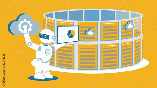 Robot holding cloud gear and chart in front of a cylindrical data storage system on yellow background