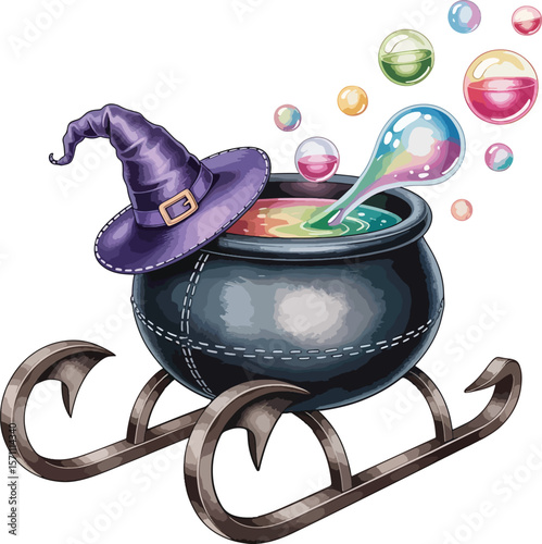 cauldron transformed into a floating sleigh illustration premium quality