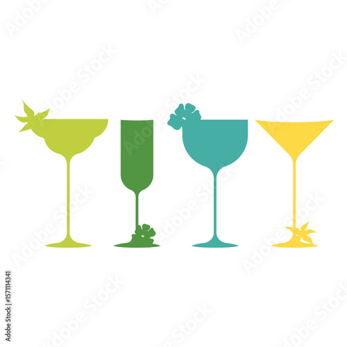 A collection of silhouettes of cocktail glasses, each of which is uniquely decorated with flowers on a white background.