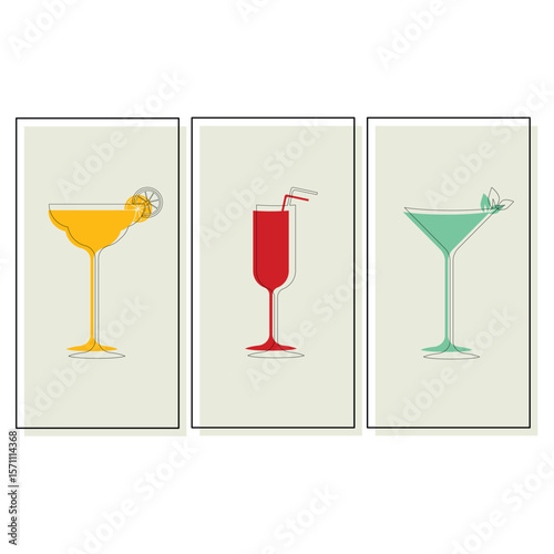 Three rectangular cocktail glasses with a slice of lemon, a straw and a mint leaf.