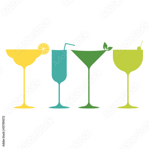 A collection of silhouettes of cocktail glasses, each of which is uniquely decorated on a white background.