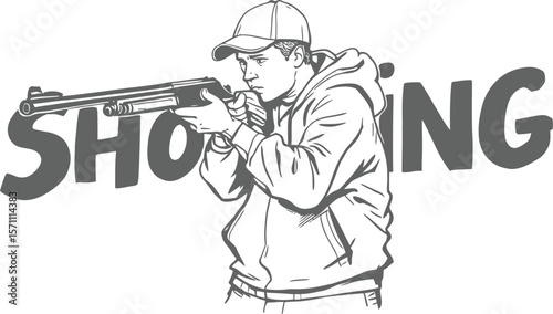 Precise Aim — Silhouette Illustration of Character in Cap and Hoodie Firing Rifle with “SHOOTING” Text