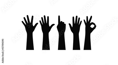 Silhouetted black hands in various positions conveying gestures of reaching giving and receiving on white background