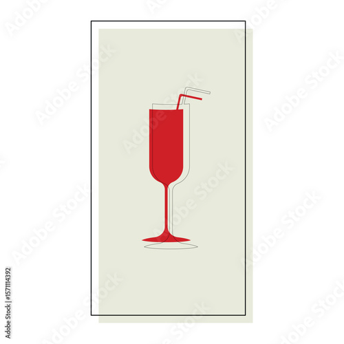 A red cocktail glass with a straw in a rectangular frame.