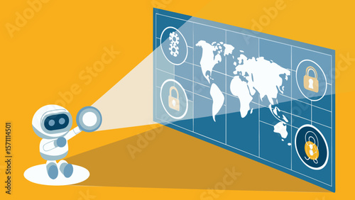Robot scanning a world map with security icons on a blue grid against an orange background image