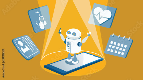 Robot standing on a smartphone with medical icons floating around on a yellow spotlight background