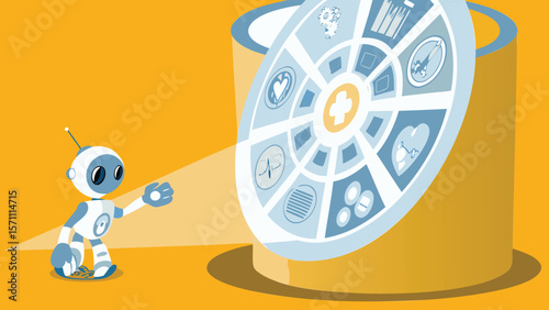 Cartoon robot interacting with a circular interface displaying medical related icons on yellow background