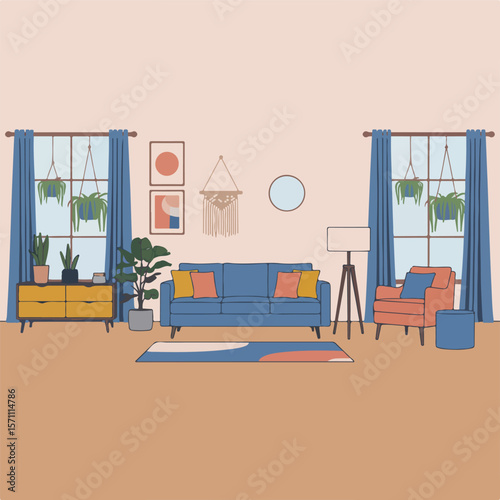Living room interior. Vector flat  cartoon illustration