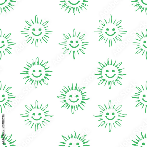 Sunny Smiles — Seamless Pattern of Green Cartoon Sun Faces with Playful Expressions and Radiant Rays