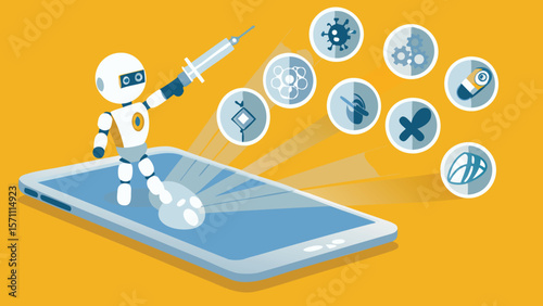 Robot administering vaccine on a tablet with virus and medicine icons floating above it all around it