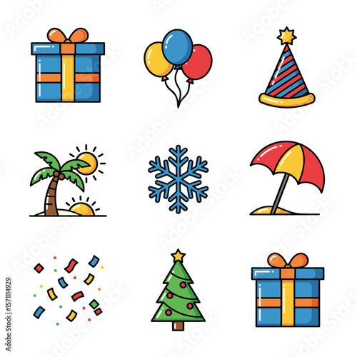 Holiday Icon Set in a Festive, Colorful Style