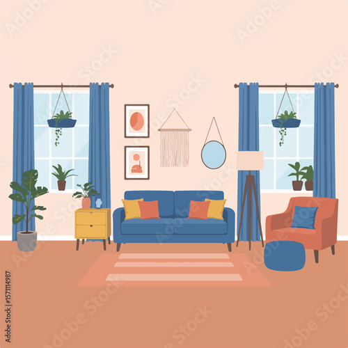 Living room interior. Vector flat  cartoon illustration
