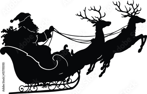 Sleighing Through the Skies — Silhouette Illustration of Santa Claus Flying in Sleigh Pulled by Reindeer
