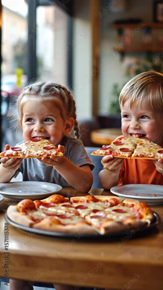 little boy and girl eating delicious pizza in cafe little boy and girl eating delicious pizza in cafe