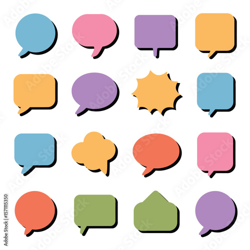 Collection of Sixteen Colorful Speech Bubbles in Various Styles and Designs