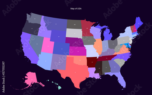 USA States Map Labeled Abbreviations with Color Coded Regions
