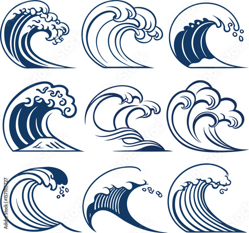 Set of 9 Stylized Blue Ocean Wave Icons – Water Wave Silhouettes on Transparent Background