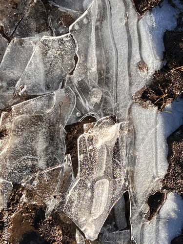 Background – texture: the icy surface on the brown field soil breaks up