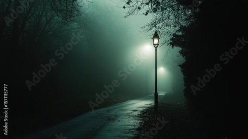Eerie illuminated pathway into the unknown, shrouded in a mysterious fog