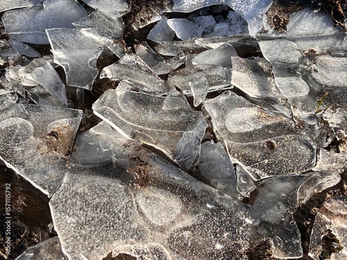 Background – texture: the icy surface on the brown field soil breaks up