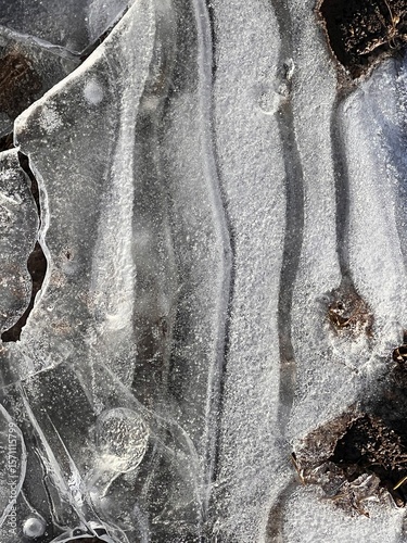 Background – texture: the icy surface on the brown field soil breaks up