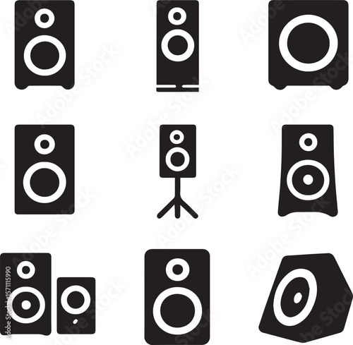 Audio Speaker Silhouette Set in Black and White Vector Illustration