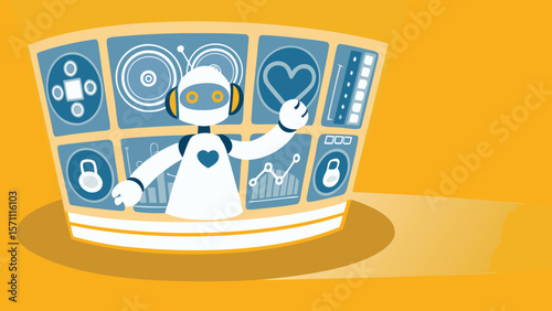 Cartoon robot interacting with a large interface displaying various data and control panels